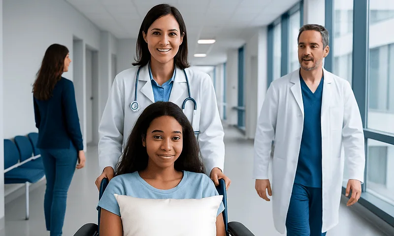 Hospital staff with patient in corridor at Acibadem Hospitals Group.