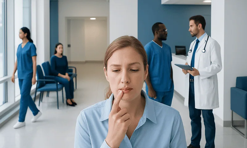 Patient contemplating in hospital corridor with medical staff in background.