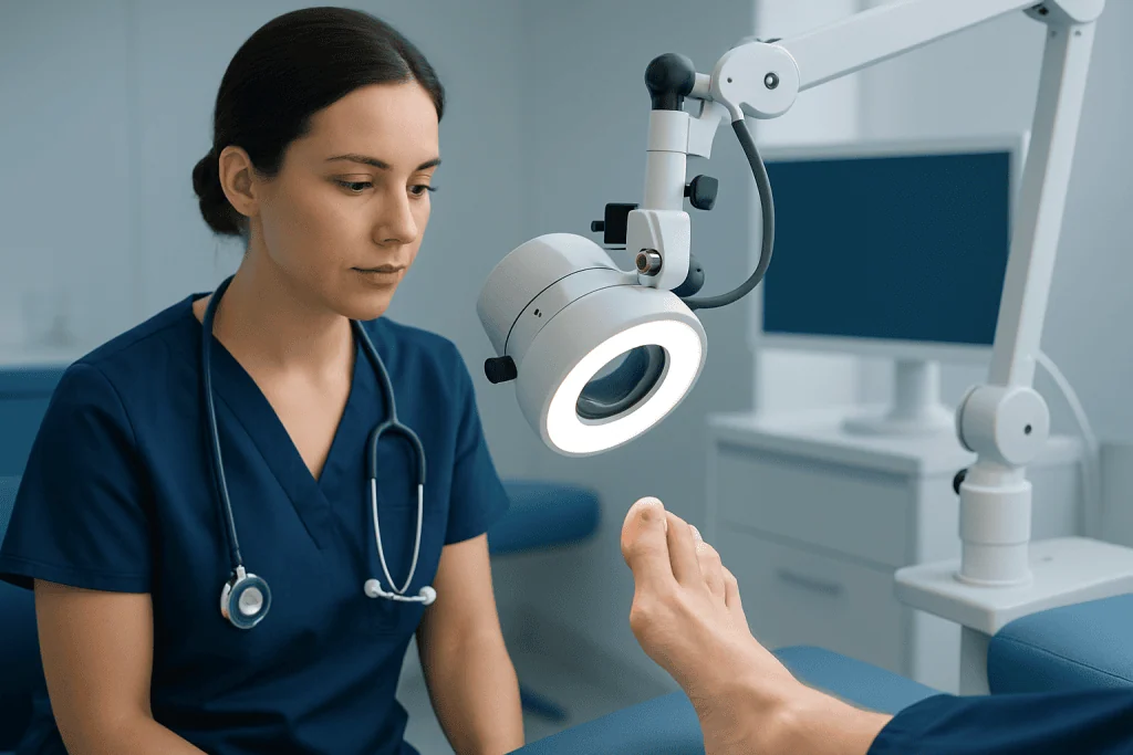 Medical professional examining a patient's foot with a magnifying lamp.