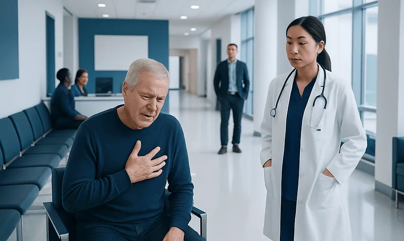 Elderly man experiencing chest pain in hospital corridor with medical staff nearby.