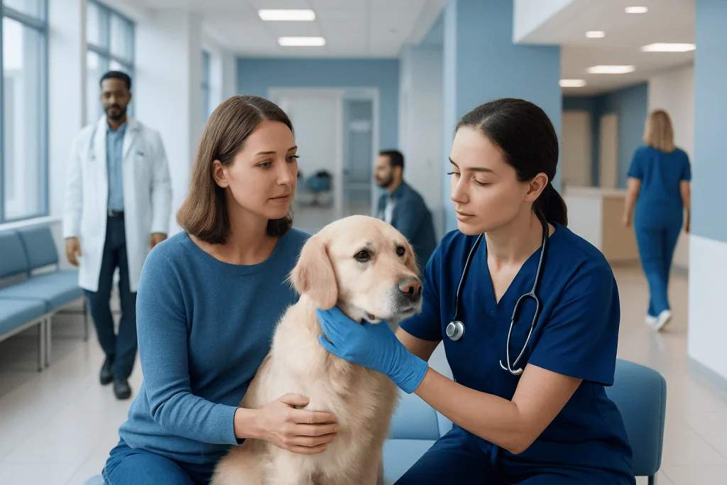 Dogs Ear Swollen: Possible Causes and When to Seek Care 1 Veterinarian examining a dog in a veterinary clinic.