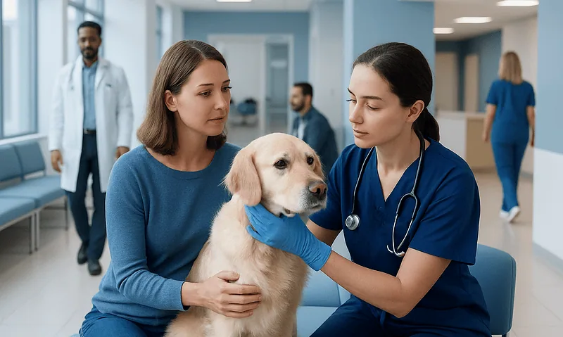 Veterinarian examining a dog in a veterinary clinic.