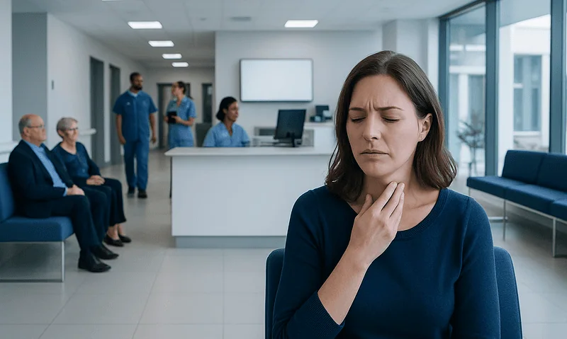 Woman with sore throat in a hospital waiting area.