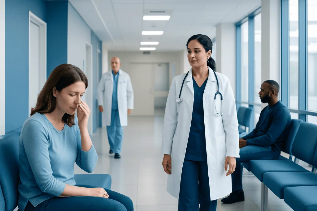 Nose Tingly: An Evidence-Based Guide for Patients 1 Medical consultation in hospital corridor with doctor and patients.