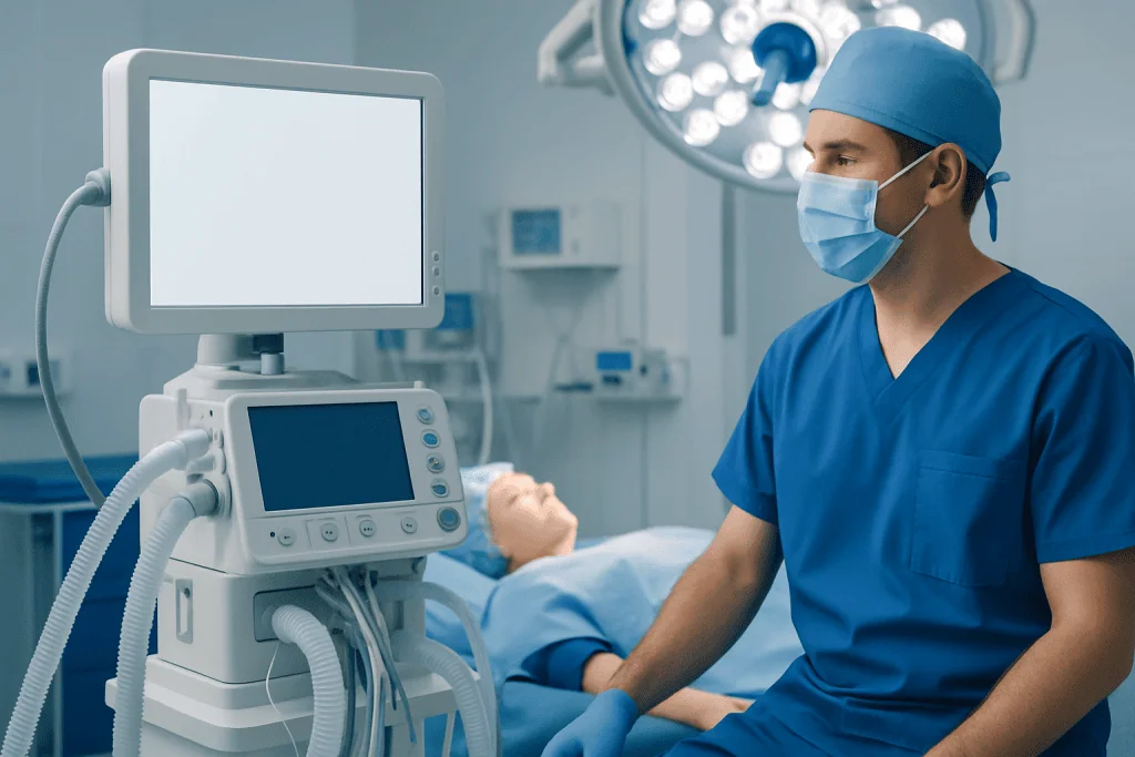 Surgeon in operating room with medical equipment and patient.