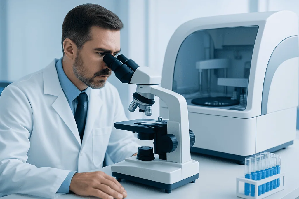 Research scientist examining samples with a microscope in a laboratory setting.