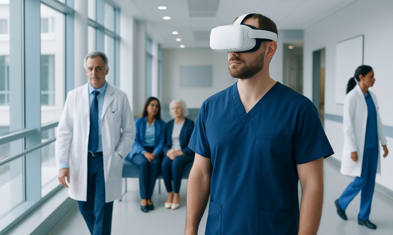 Healthcare professional using VR headset in hospital corridor.