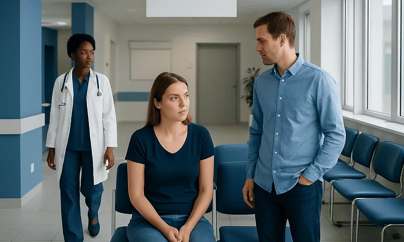 Doctor talking to a patient in a hospital waiting area with a nurse nearby.