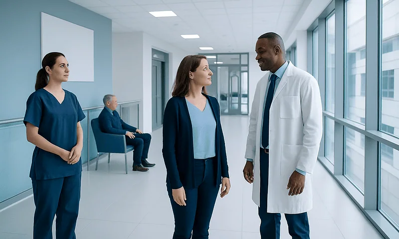 Medical team discussing patient care in a modern hospital corridor.