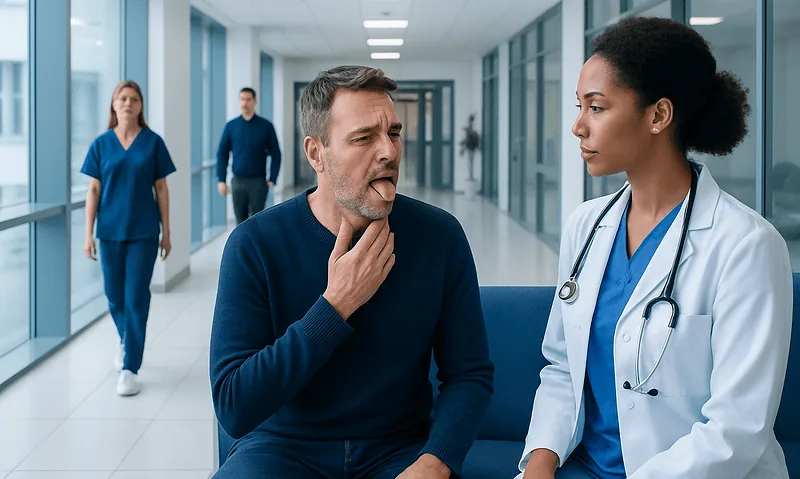 Patient experiencing throat discomfort in hospital corridor with medical staff nearby.