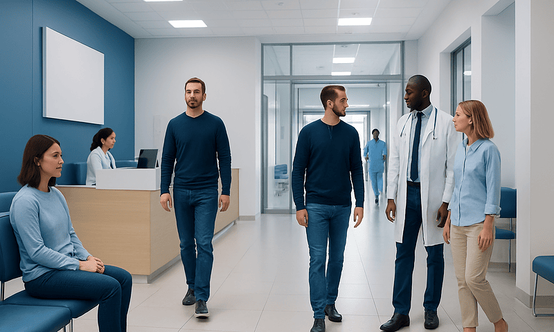 Medical professionals and patients in a modern hospital corridor.