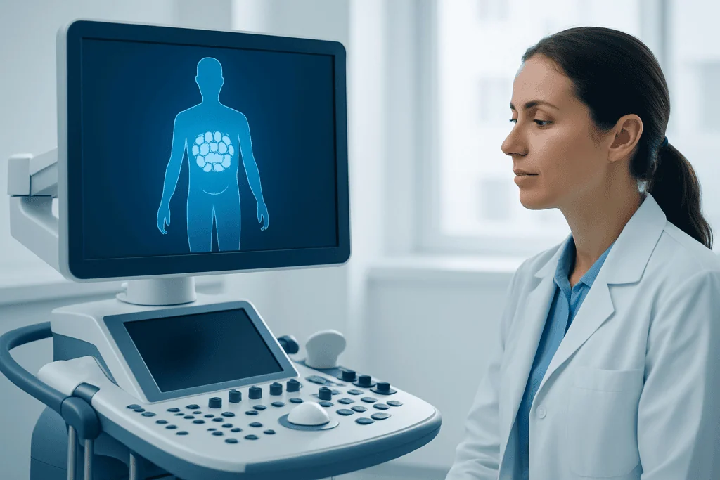 Medical professional analyzing abdominal scan on ultrasound machine.