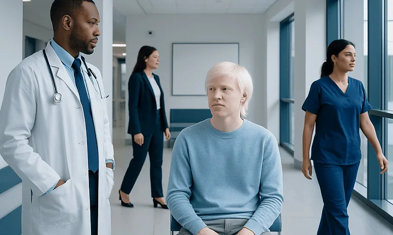Medical team consulting with a patient in a hospital corridor.