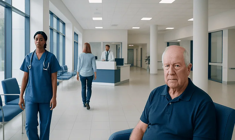 Hospital waiting area with medical staff and patient, modern healthcare facility.
