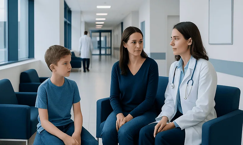 Doctor consulting with young patient and parent in hospital corridor.