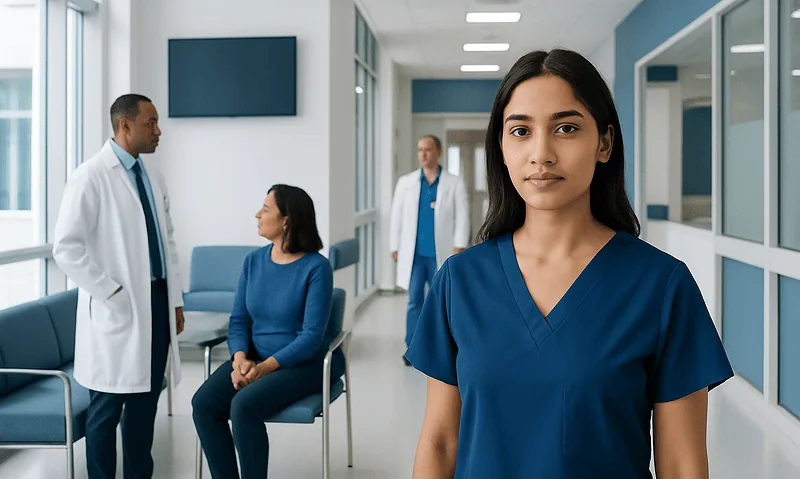Almond Skin: A Complete Medical Overview 9 Young female healthcare professional in hospital corridor with doctors and patient.