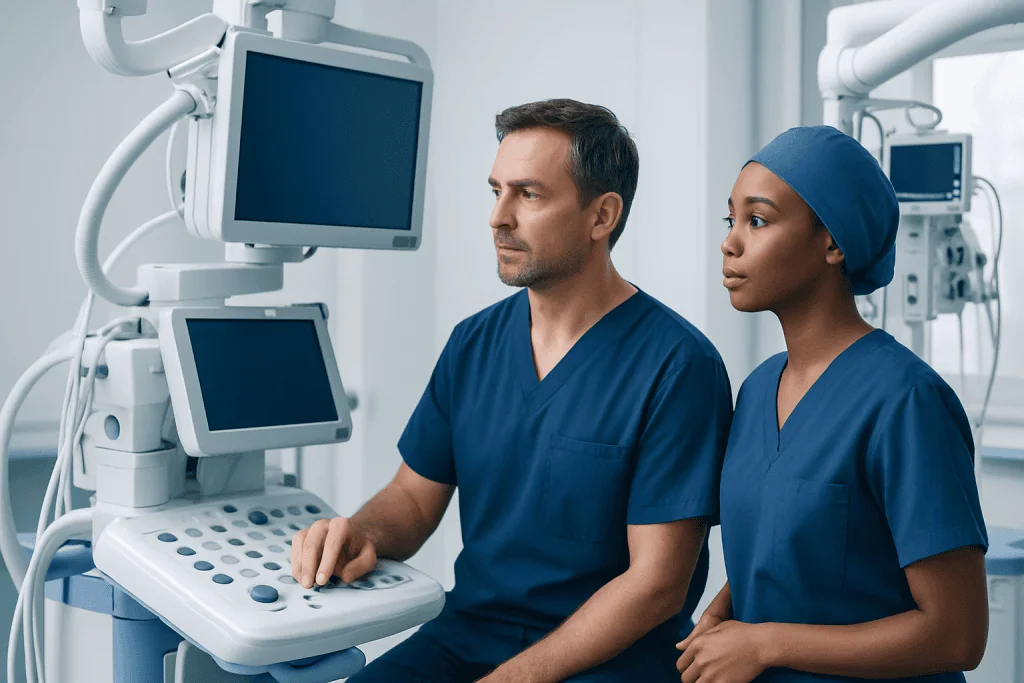 Medical professionals operating ultrasound equipment in a hospital setting.