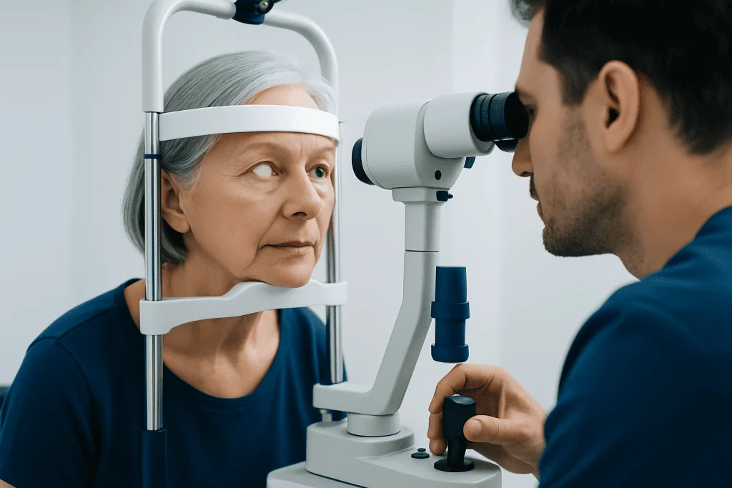 Ophthalmologist examining elderly woman's eye with slit lamp.