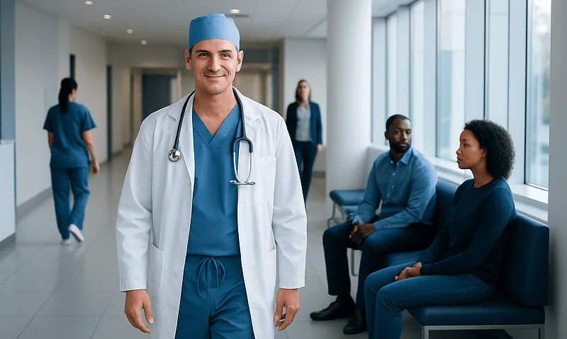 Smiling cardiothoracic surgeon in hospital corridor with patients and staff.