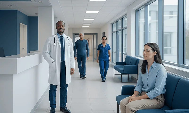 Medical team in hospital corridor with patient waiting area.