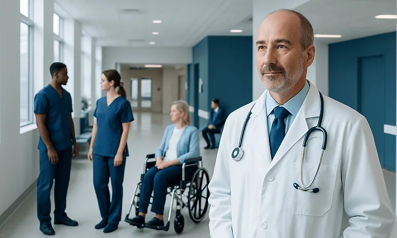 Experienced doctor in hospital corridor with medical staff and patient in wheelchair.