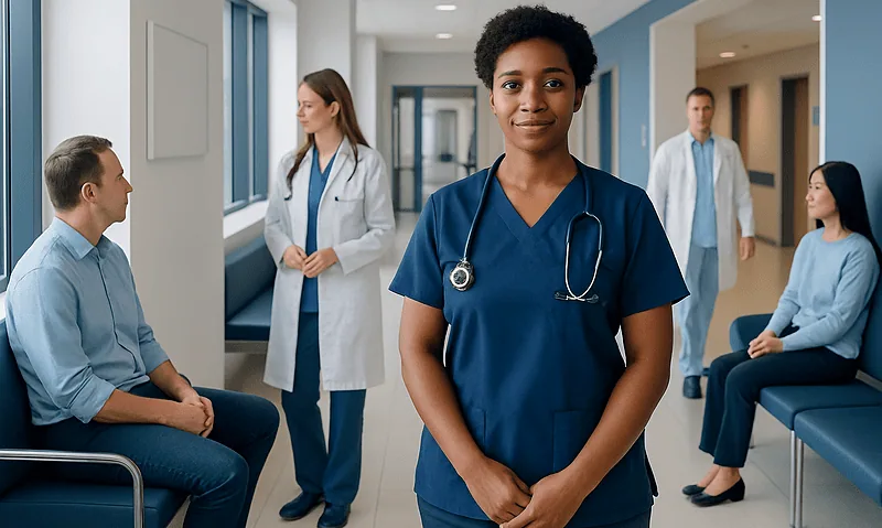 Endoscopy nurse in hospital corridor with patients and medical staff.