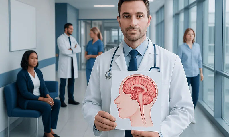 Doctor holding a brain diagram in a hospital corridor with medical staff.