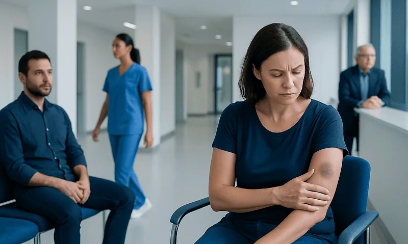 Woman with a bruise on her arm in a hospital waiting area.