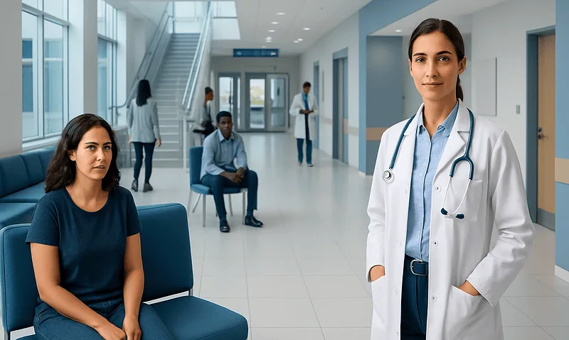 Healthcare professionals and patients in a modern hospital corridor.