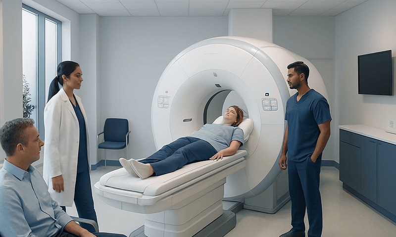 Patient undergoing MRI scan in a modern hospital setting with medical staff present.