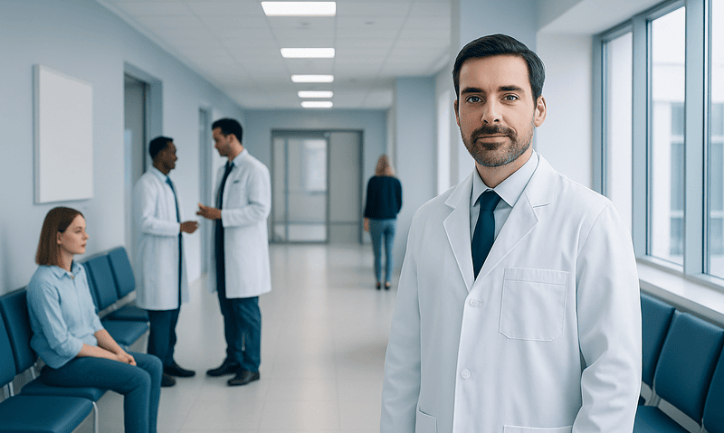 Oculoplastic specialist in hospital corridor with patients and staff.