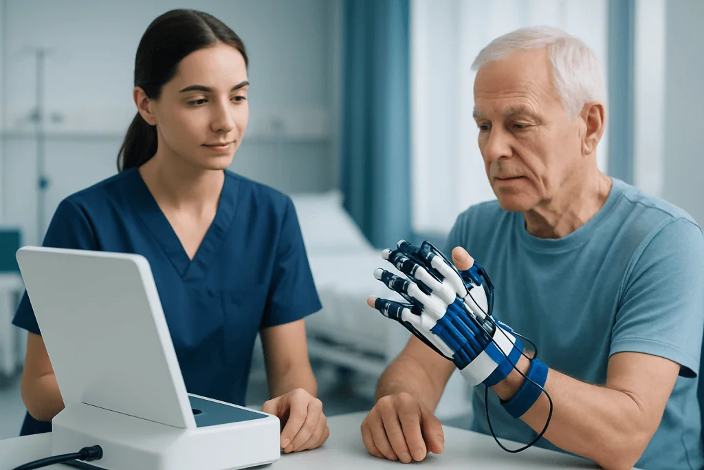 Patient with robotic hand undergoing occupational therapy at hospital.