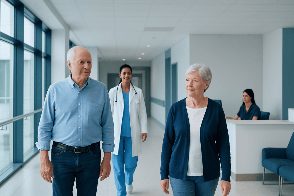 Areds: An Evidence-Based Guide for Patients 1 Elderly couple walking in hospital corridor with medical staff nearby.