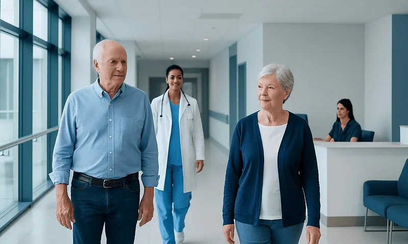 Elderly couple walking in hospital corridor with medical staff nearby.