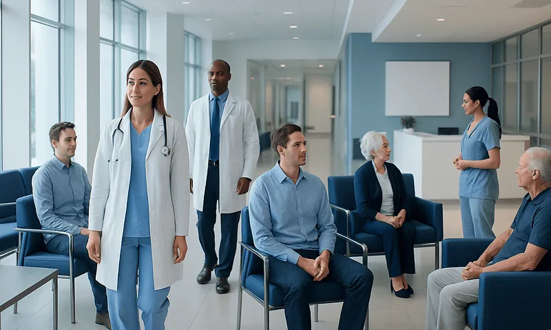 Medical team consulting with patients in a modern hospital waiting area.