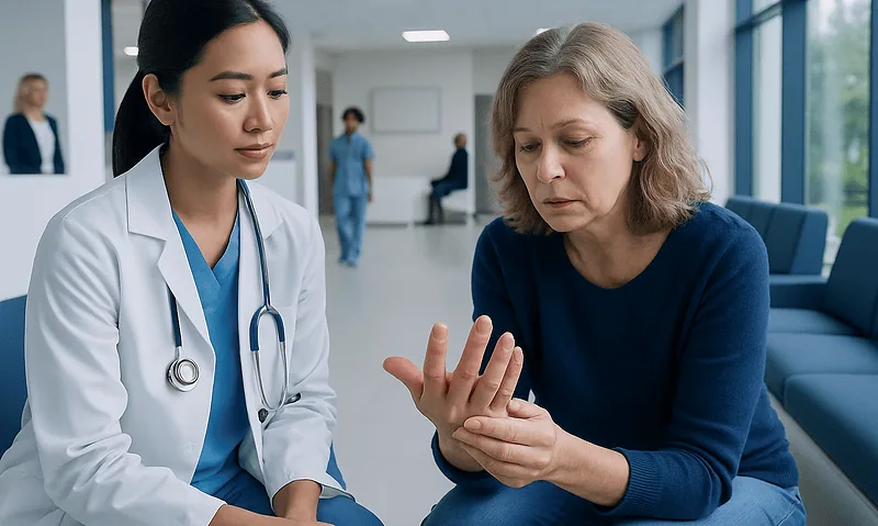 Doctor examining middle finger of a patient in a hospital setting.