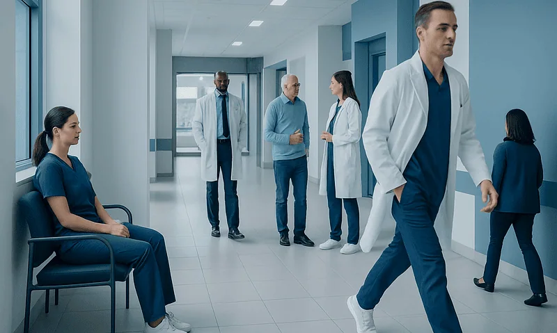 Medical professionals and patients in a hospital corridor.