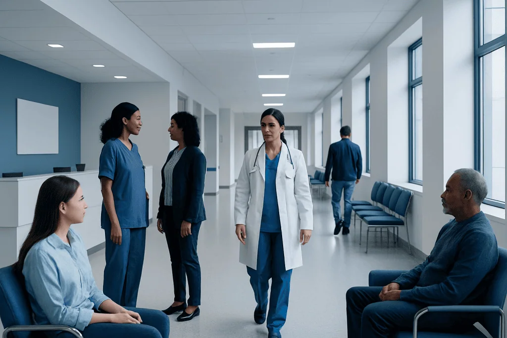 What does B L Stand for? 1 Healthcare professionals and patients in a hospital corridor at Acibadem Hospitals Group.