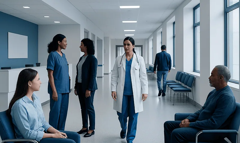 Healthcare professionals and patients in a hospital corridor at Acibadem Hospitals Group.