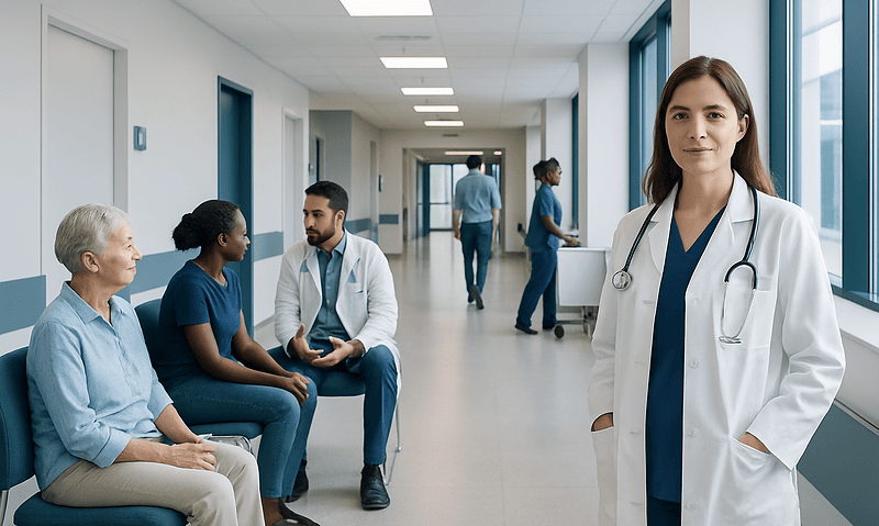 Healthcare professionals and patients in a modern hospital corridor.