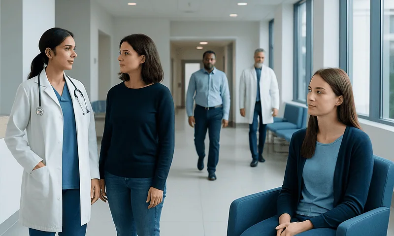Medical professionals and patient in hospital corridor at Acibadem Hospitals Group.