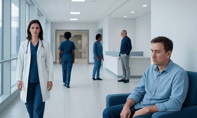 Healthcare professionals and patient in a hospital corridor at Acibadem Hospitals Group.
