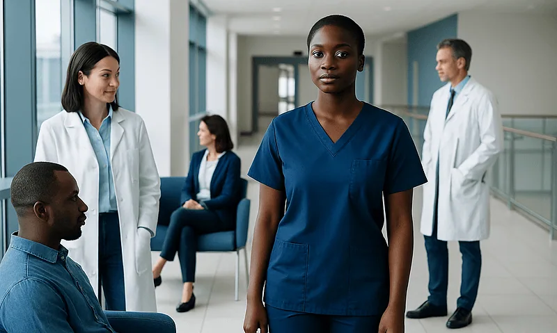 Diverse medical team in hospital corridor with patient and staff.
