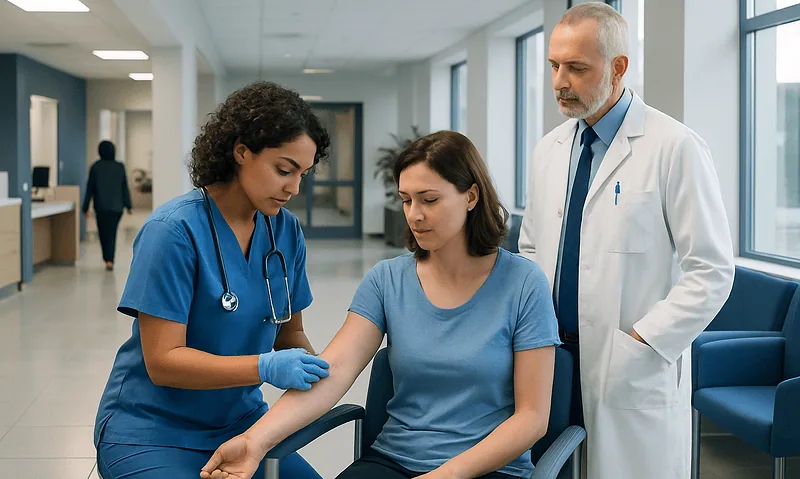 Medical team preparing a patient for a procedure in a hospital corridor.