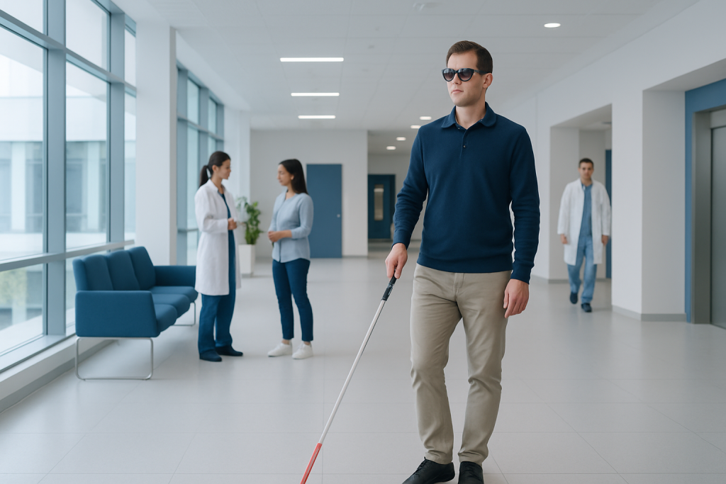 Blind Person — Explained by Medical Evidence, Not Myths 1 Blind person with white cane in hospital corridor with medical staff in background.
