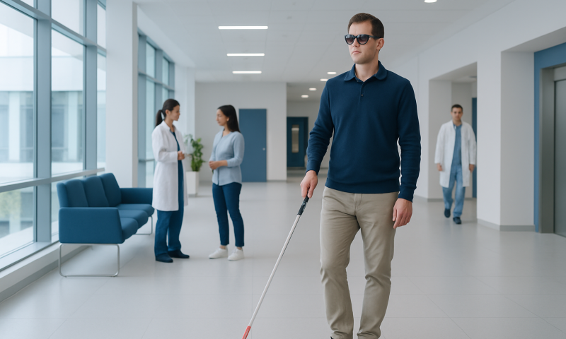 Blind person with white cane in hospital corridor with medical staff in background.