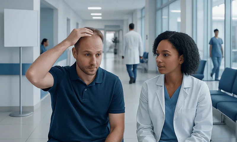 Health Library 7 Patient consulting with doctor about blocked hair glands in hospital setting.