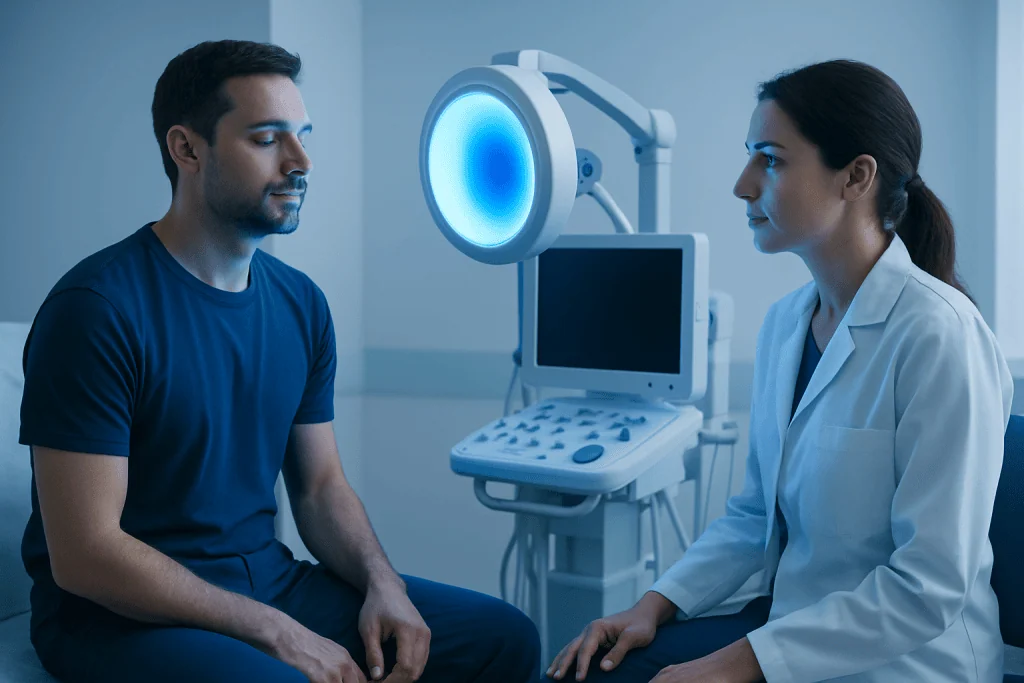 Doctor and patient in a medical consultation with blue light therapy device.