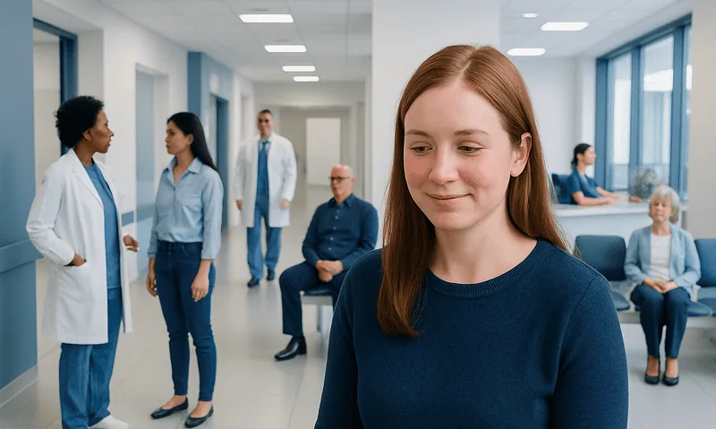 Young woman in hospital waiting area with medical staff and patients.