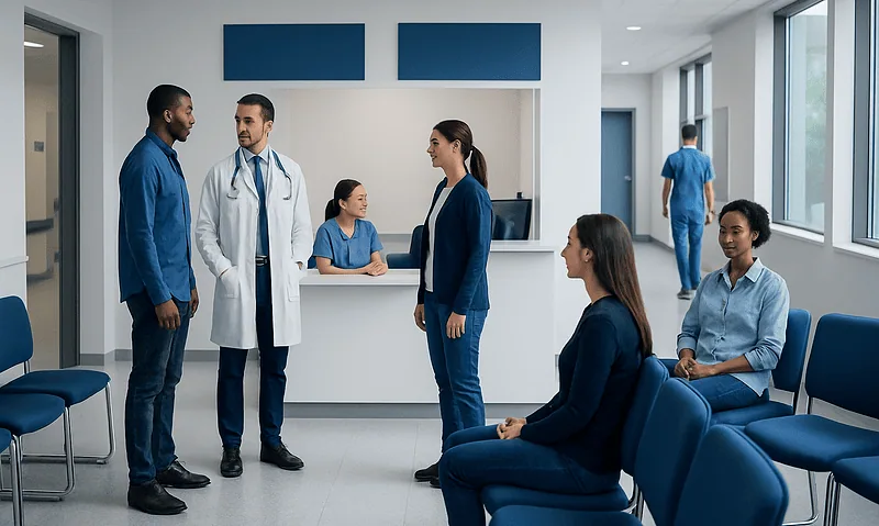 Patients and medical staff in a hospital waiting area at Acibadem Hospitals Group.